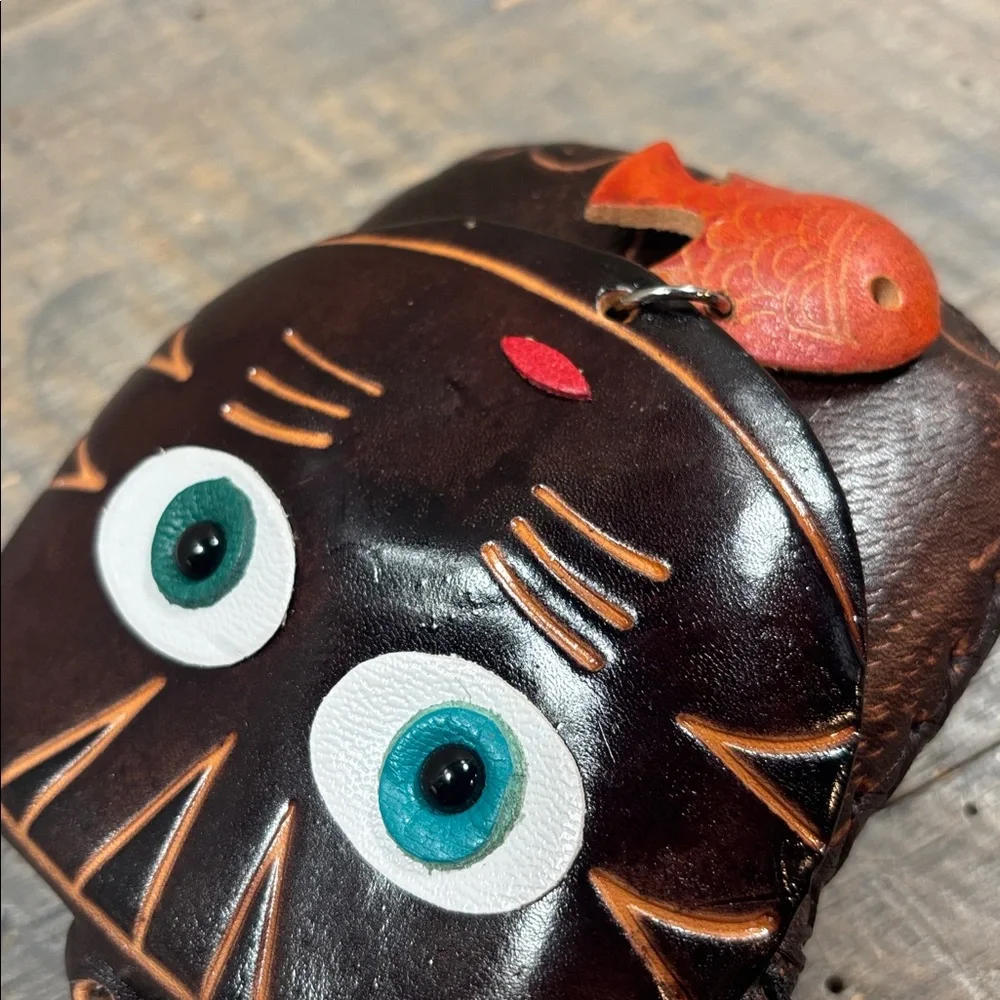 Brown Cat Face Leather Wristlet Bag